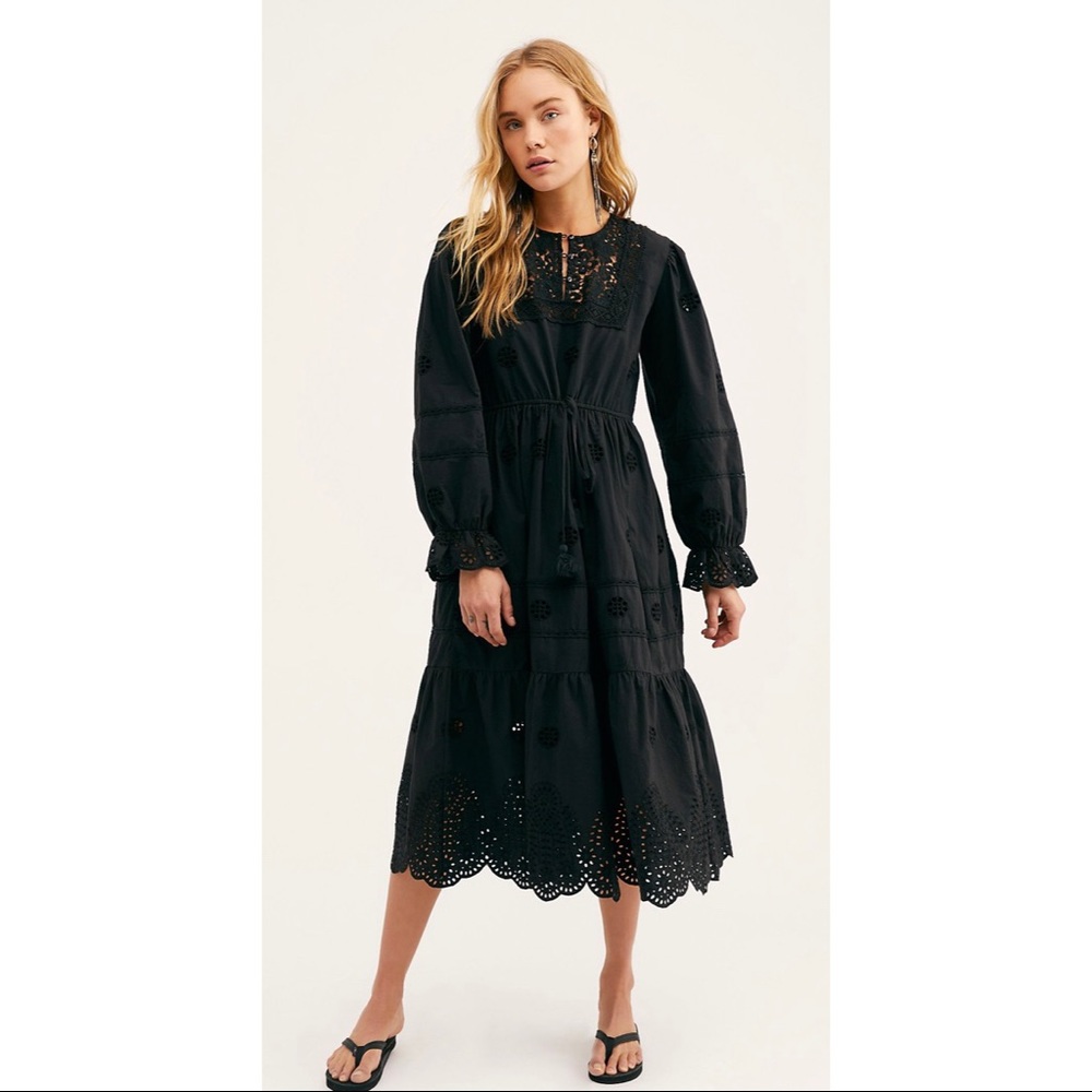 Free People black poplin cotton midi dress size S